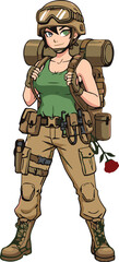 Military style, tactical gear, green tank top, cargo pants, combat boots, helmet, backpack, sidearm, red rose, rugged, contrast, soldier