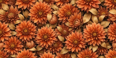  Distressed Dahlia Garden Copper Orange Flowers with Antique Gold Leaves, Seamlessly Repeating