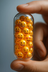 Close-up of a pill capsule filled with yellow emoji faces, symbolizing social media addiction and emotional dependency