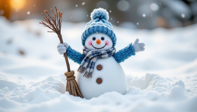 Cheerful snowman wearing a blue outfit in a winter wonderland outdoor scene daylight playful atmosphere