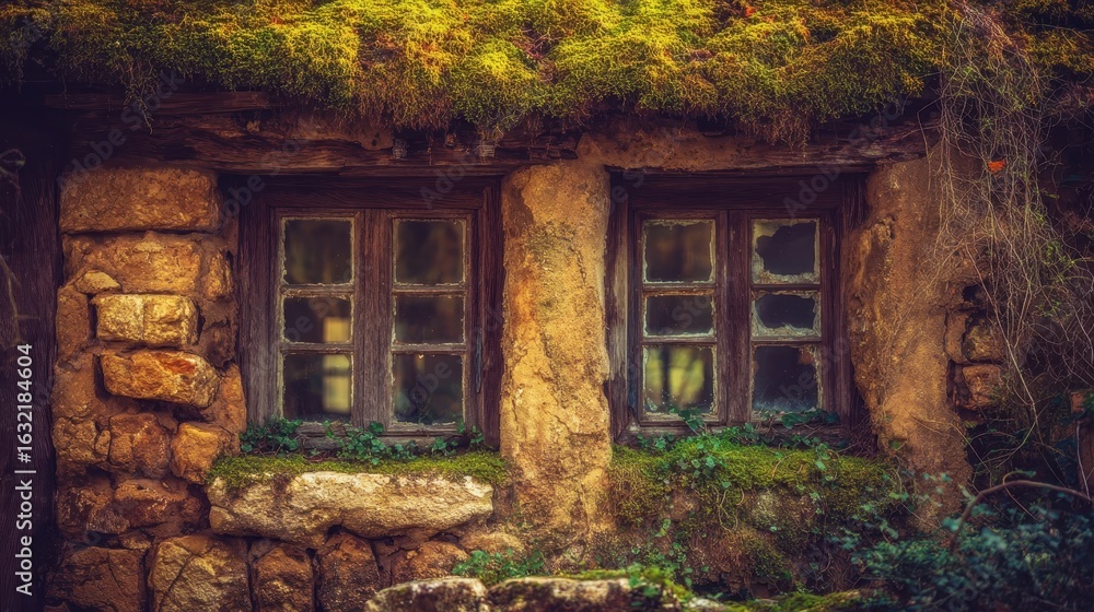Poster aged stone structure with a weathered window.