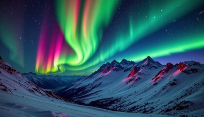 Vibrant green and magenta aurora display over snowy mountain landscape night sky nature photography majestic viewpoint