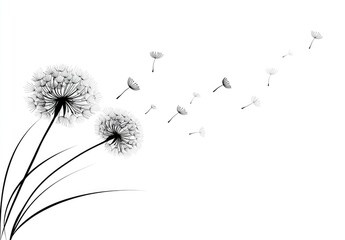 Two dandelion heads with seeds drifting away, on a white background.  Silhouette-style, monochrome illustration