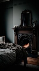 Obraz premium A cozy bedroom with a vintage fireplace and warm lighting.