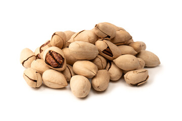 Pecan-nut in a shell isolated on white background. Top view.