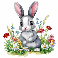 Charming bunny rabbit among colorful wildflowers nature scene floral environment whimsical viewpoint playful concept for kids art