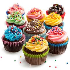 Colorful cupcakes in various icing and sprinkles