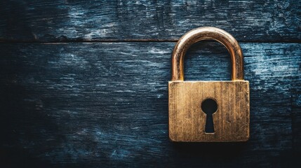 A golden padlock with a keyhole on a dark wooden surface.