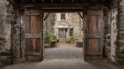Aged wooden double doors open onto a courtyard.