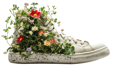 Sneaker creatively adorned with vibrant flowers and lush vines, symbolizing nature integration with urban life. colorful blossoms add whimsical touch to footwear., isolated