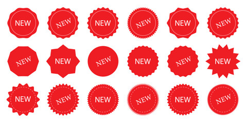 Pixel perfect red round icon set of a new sale tag sticker, button, stamp, coupon, ribbon, mark, label. Isolated on a transparent background. Simple flat design