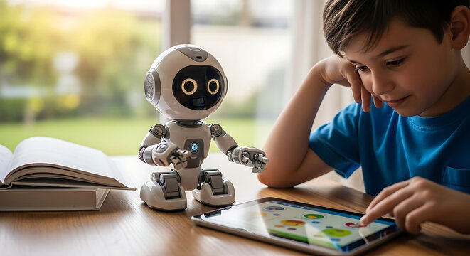 Young boy learning coding and robotics with a smart toy robot and a digital tablet at home.