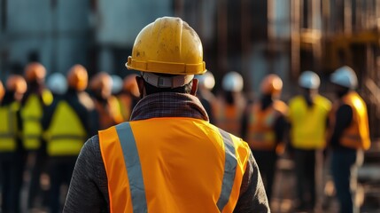 Construction site safety meeting urban setting photo daylight overhead view worker engagement