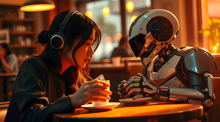 Woman and Robot Coffee Shop Conversation