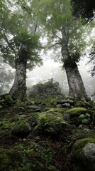 Obraz premium Misty forest with mossy rocks and towering trees.