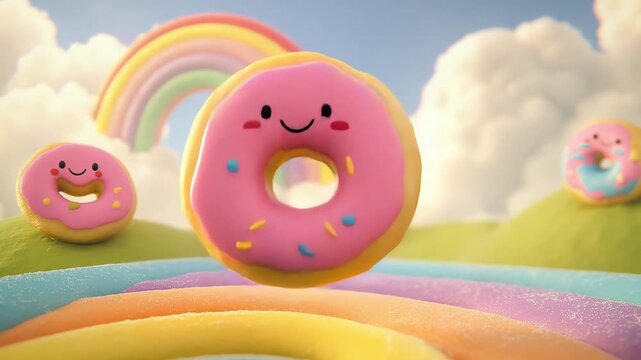 Playful pink donuts with smiling faces frolic on a rainbow path beneath a vibrant sky filled with soft clouds and a bright rainbow