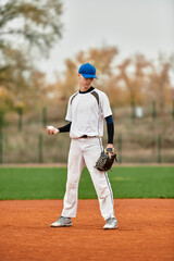 Dynamic teenage boy preparing to pitch on a vibrant baseball field under cloudy skies