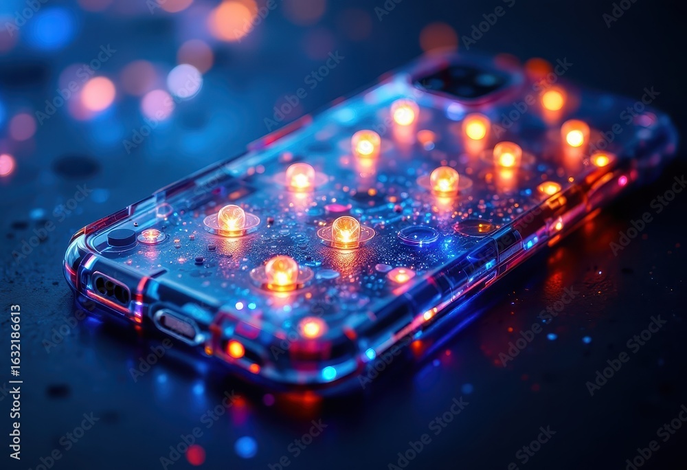 Poster close-up view of a phone case with embedded lights.