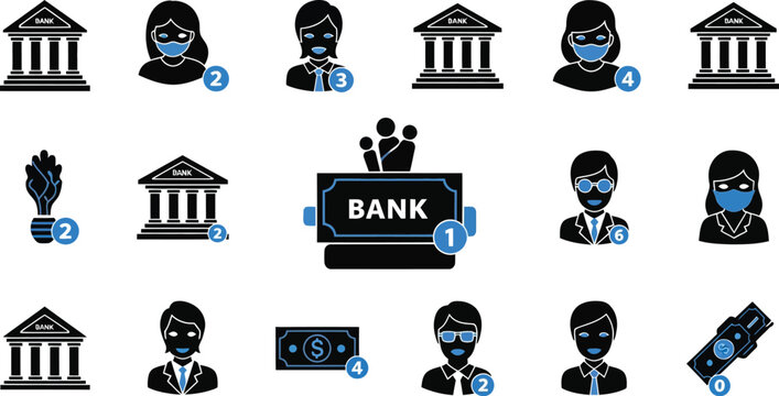 Bank icons with people wearing masks and money with queue numbers in black and blue colors