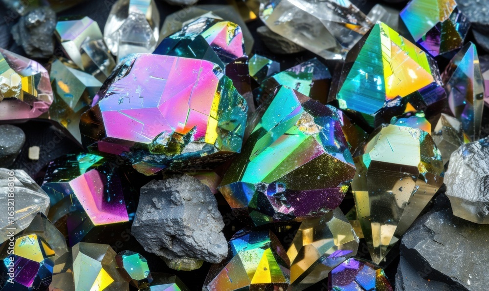 Poster iridescent crystal close up displaying a spectrum of colors and textures