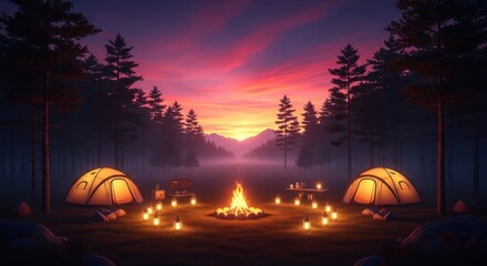 Illustrated forest campsite with a campfire and glowing tents at dusk