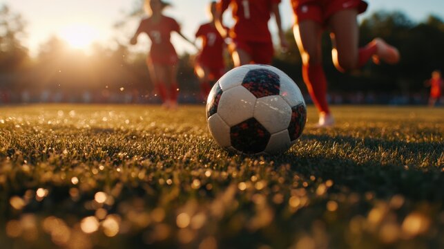 Close up view of soccer ball on grassy field, with female players in red uniforms running in background during sunset. scene captures excitement and energy of game