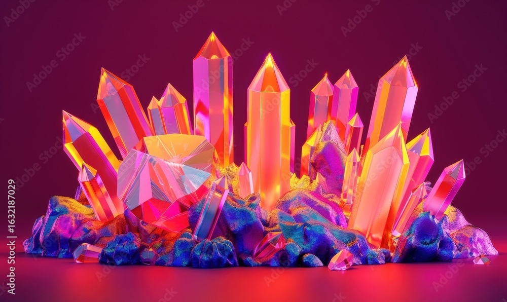 Poster iridescent crystal cluster with sharp facets and vibrant color spectrum