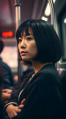 Introspective Asian Woman on a Subway Focused, Observant
