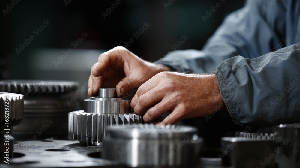 Poster aligning gears in gearbox, worker focuses on precision and detail, showcasing craftsmanship in mecha