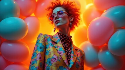 Fototapeta premium Fashionable woman in a vibrant floral jacket surrounded by colorful balloons.