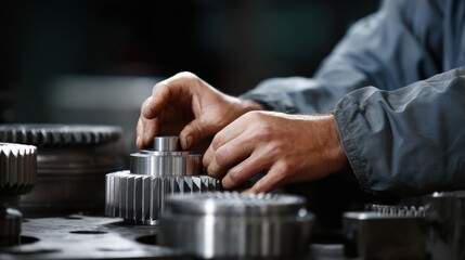 Aligning gears in gearbox, worker focuses on precision and detail, showcasing craftsmanship in mechanical environment. intricate process highlights importance of accuracy in engineering