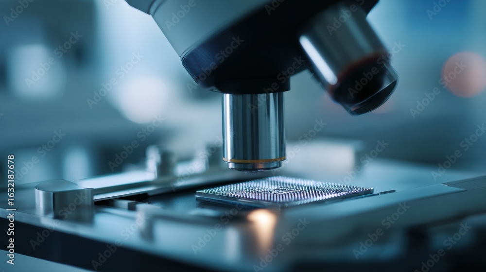 Poster close up view of microscope examining microchip, showcasing intricate details and advanced technolog
