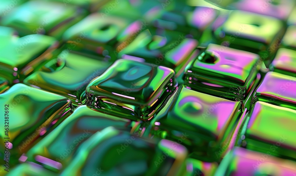 Poster Iridescent square tiles array abstract close up pattern with geometric structure