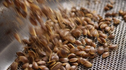 Obraz premium Sorting seeds vibrating tray showcases intricate process of seed selection. motion captures essence of agricultural precision and attention to detail, highlighting importance of quality farming