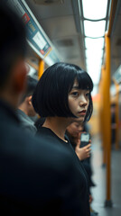 Introspective Asian Woman on a Subway Focused, Observant