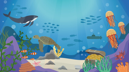Under the Sea With Coral Reefs, Shells, Seaweed, Clownfish, Turtles, Jellyfish, Whales, Crabs, Starfish, Submarine and Treasures Vector Illustration © Kiky Alya