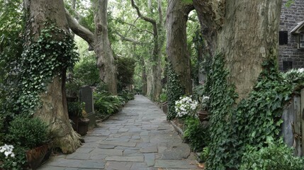 Fototapeta premium Paved walkway lined with large trees and greenery in a historic garden.