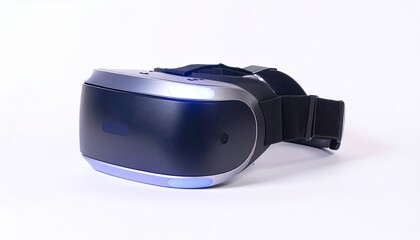 Fototapeta premium Sleek black virtual reality headset featuring soft glowing lights, isolated on white background, symbolizing immersive gaming, tech, and innovation.