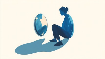 Surreal image of a person's reflection in a mirror showing a sitting, bright blue shadow instead of themselves.