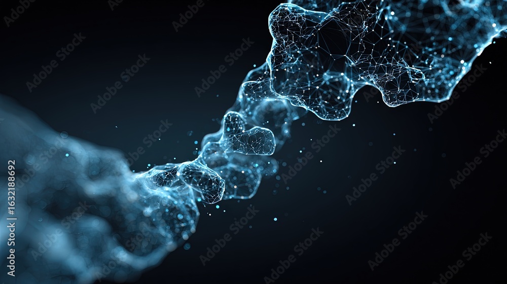 Aufkleber futuristic glowing molecular chain structure with connected nodes and dynamic digital mesh on a dark