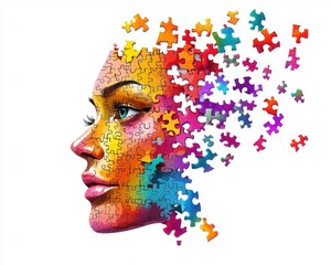 Conceptual image of a face breaking apart into colorful puzzle pieces. Metaphor for identity crisis, memory loss or autism.