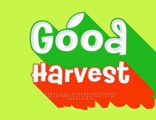 Vector Unique Promotion Good Harvest. Creative Font with Big Red Shadow. Playful Alphabet Letters and Numbers set.