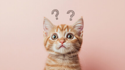 Cute confused cat with big eyes and question marks above its head, minimalistic pastel background