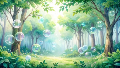 やさしい朝の光に包まれた泡の浮かぶ魔法の森