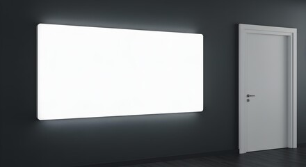 Illuminated Blank Horizontal Sign Mockup on Dark Wall Next to a Closed Door