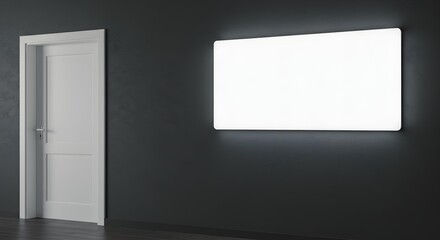 Illuminated Blank Horizontal Sign Mockup on a Dark Wall with a White Door