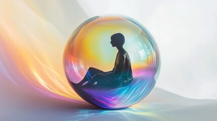 A person sits inside a large, unbreakable glass bubble. A concept for feeling trapped, isolated, or seeking protection.