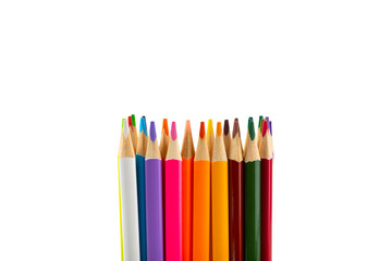 Colored pencils isolated on white background. Equipment for coloring. Stationery for creativity.Back to school. Flatlay. Children's Creativity and Education. Rainbow.
