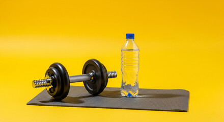 Obraz premium Exercise mat with dumbbell and water bottle - sport, fitness, gym concept, isolated on yellow background