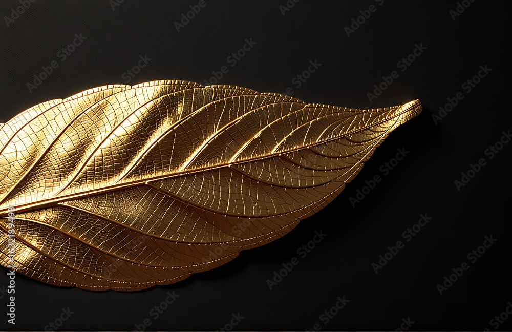 Poster delicate gold foil leaf pattern unfolds across sleek black card background illuminated soft diffused